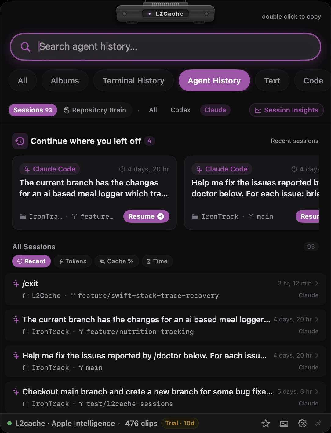 L2Cache AI Agent History & Token Analytics Dashboard
