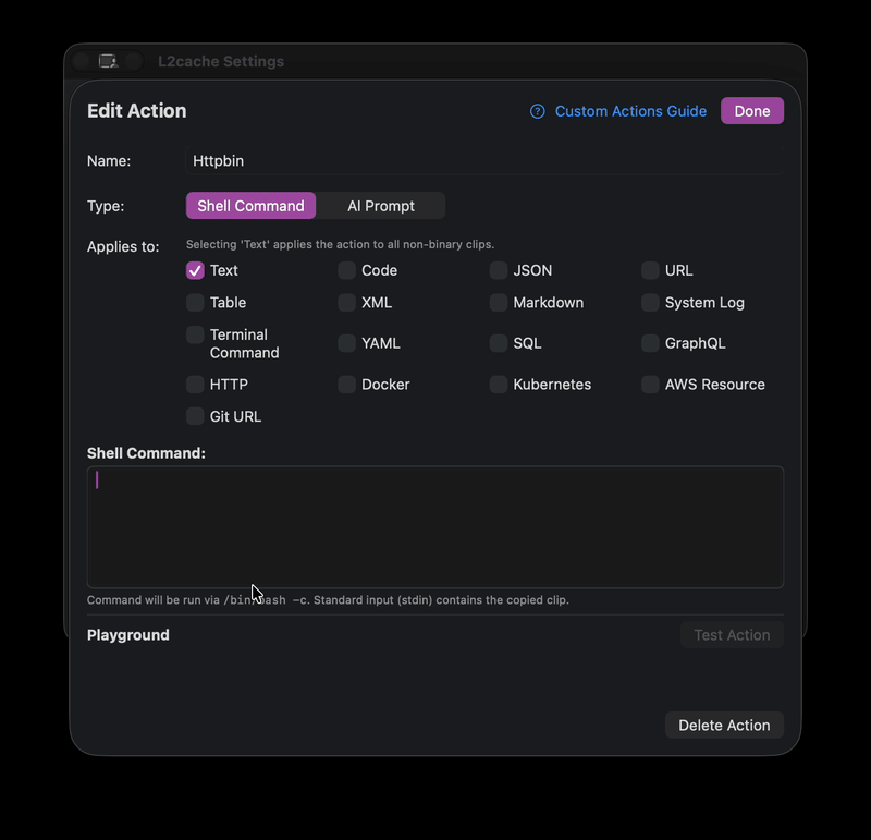 L2Cache Custom Actions Shell Script Editor